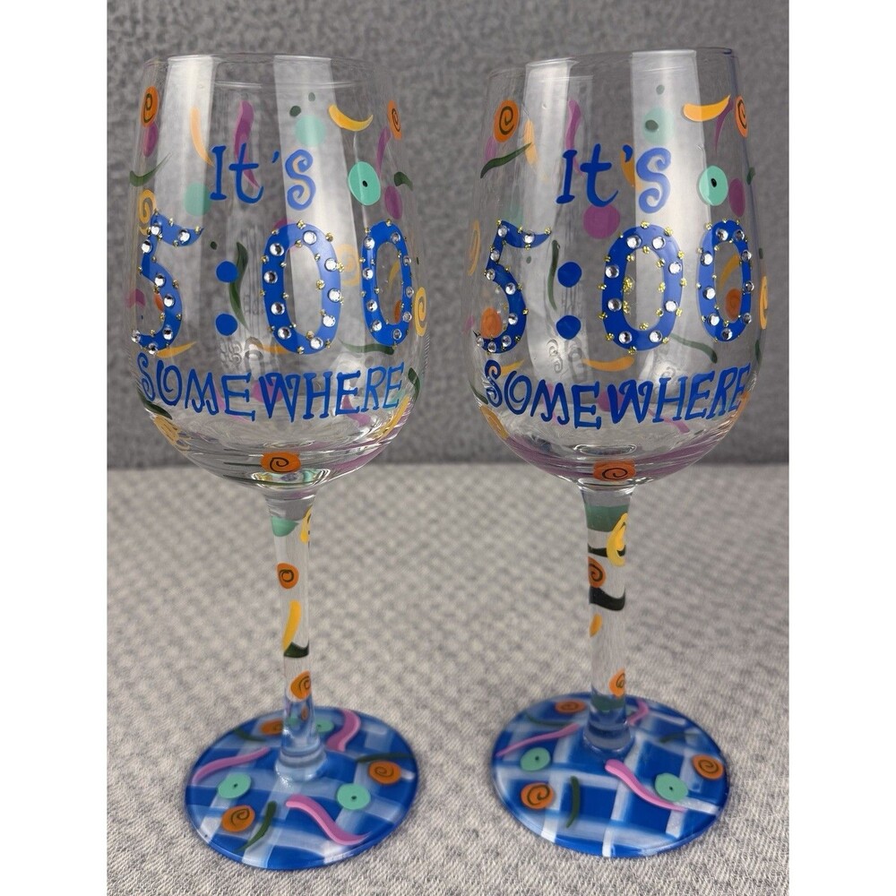 Lolita Love My Wine Glasses "It's 5:00 Somewhere" Hand Painted Set of 2 READ